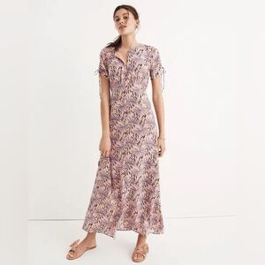 Madewell Silk Tie-Sleeve Maxi Dress in Oasis Palms Pink Short Sleeve
